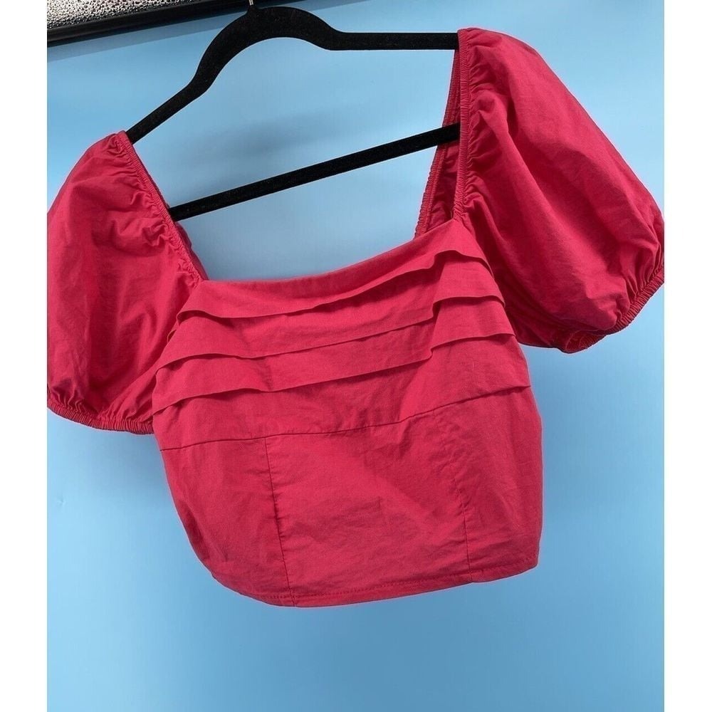 Sim & Sam‎ Womens Small Short Puff Sleeve Crop Top Pink Balloon Sleeve Cotton